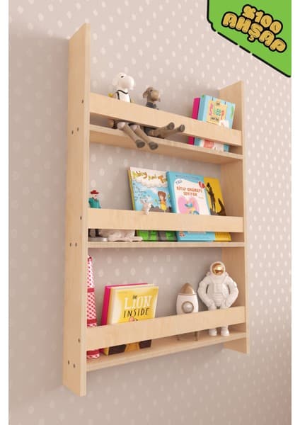 Pratico Step Montessori Boyasız Doğal Ahşap Duvara Monte Kitaplık
