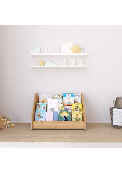 Minera Anka Montessori Ahşap Yer Kitaplığı - MDF, 58x34x37 cm, Mavi, Minimalist Tasarım, Ev ve Ofis Kullanımı İçin