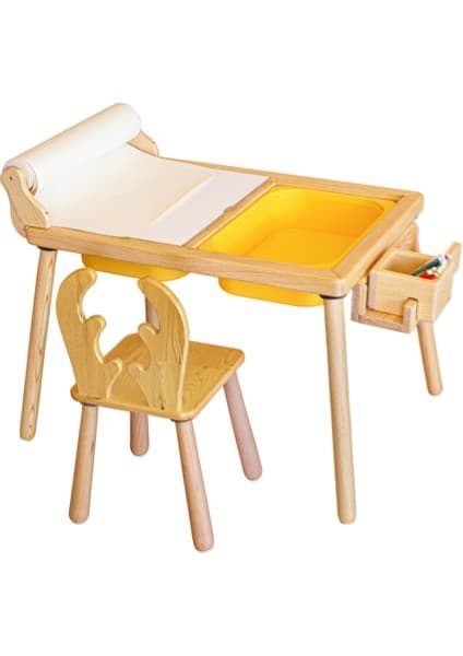 Wood & Joy Woodnjoy Doğal Ahşap Duyusal Çocuk Aktivite Masası Oyun Masası ve Çocuk Çalışma Masası 1 Sandalye Seti(Rulo Aparalı ve Kırtasiye İstasyonlu)