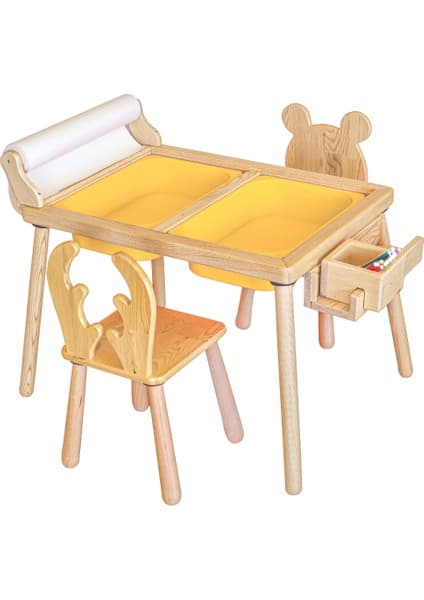 Wood & Joy Doğal Ahşap Duyusal Çocuk Aktivite Masası Oyun Masası ve Çocuk Çalışma Masası 2 Sandalye Seti(Rulo Aparatlı ve Kırtasiye İstasyonlu)