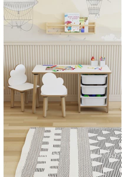 Pofitto Çocuk Masa Sandalye Takımı-3 Sepetli Çalışma ve Aktivite Masası-Yaz-Sil Yüzey-2 Bulut Sandalye