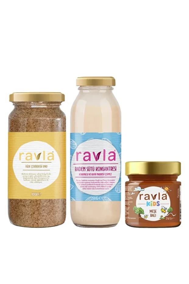 Ravla 3'lü Ürün - Badem Içeceği Konsantresi - 250g /salgı Balı (MEŞE KAYNAKLI) - 250g/iğde Unu 80g
