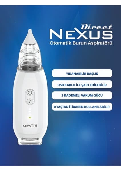 Direct Nexus Elektrikli Burun Aspiratörü Yıkanabilir Başlık ile USB Şarj Edilebilir 0 Yaş ve Üstü