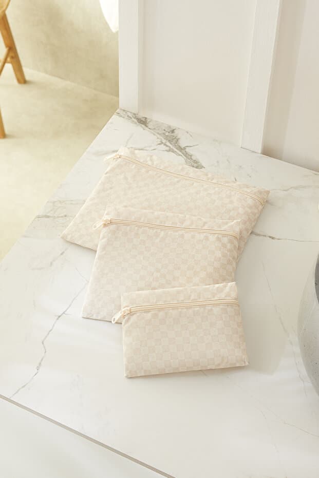 Ocean Home Textile 3'lü Su Geçirmez Pvc Astarlı Bej Dama Desen Mayo Islak Kuru Kirli Temiz Çamaşır Çantası
