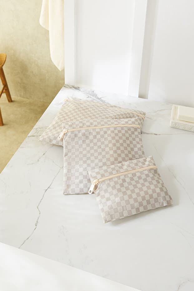 3'lü Su Geçirmez Pvc Astarlı Gri Dama Desen Mayo Islak Kuru Kirli Temiz Çamaşır Çantası