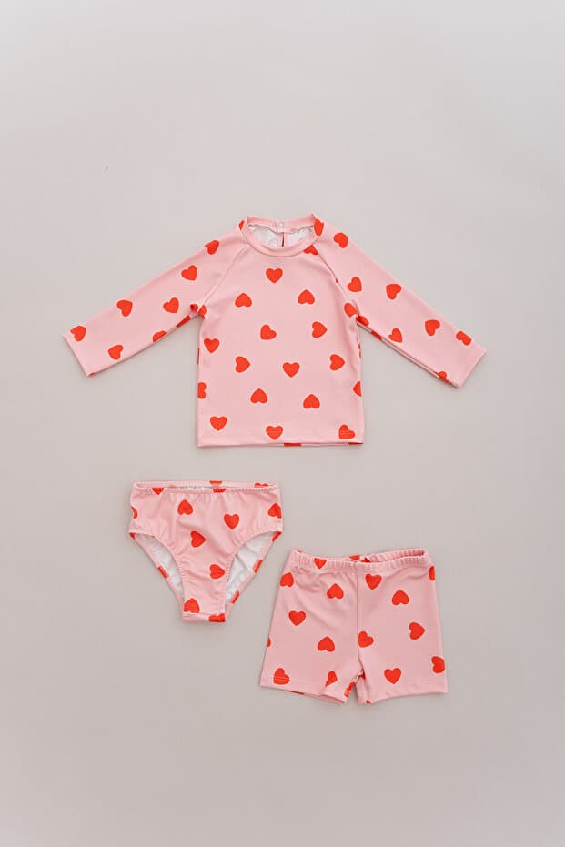 UV Korumalı Uzun Kollu Kız Bebek Mayo - Red Hearts