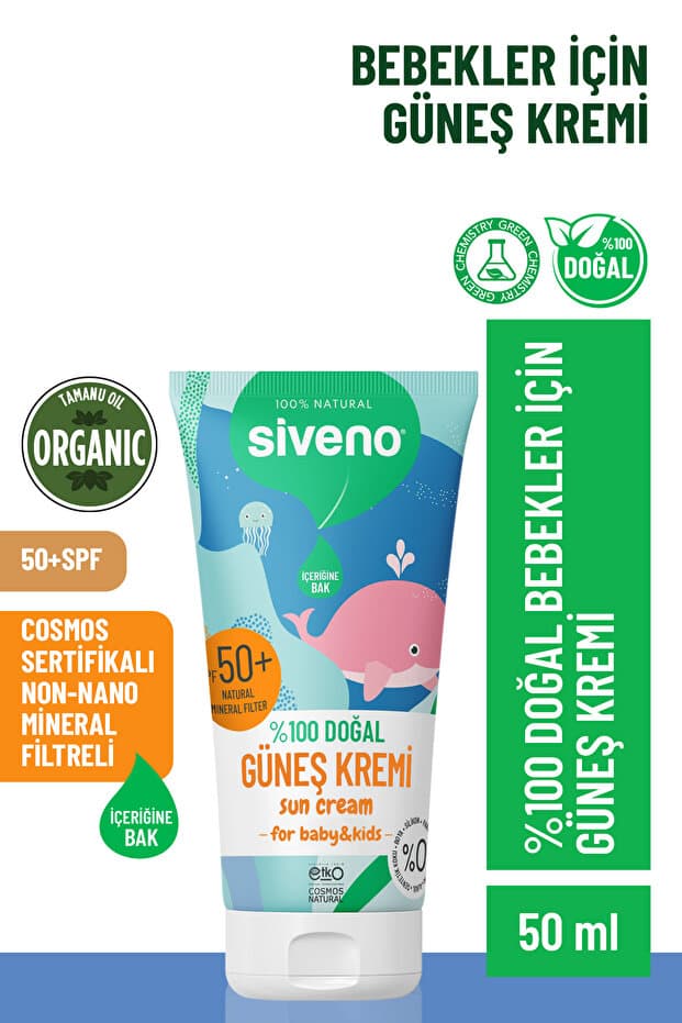 Siveno %100 Doğal Bebek Güneş Kremi Leke Karşıtı Antioksidan Nemlendirici Bitkisel UVA UVB SPF 50+ 50 ml