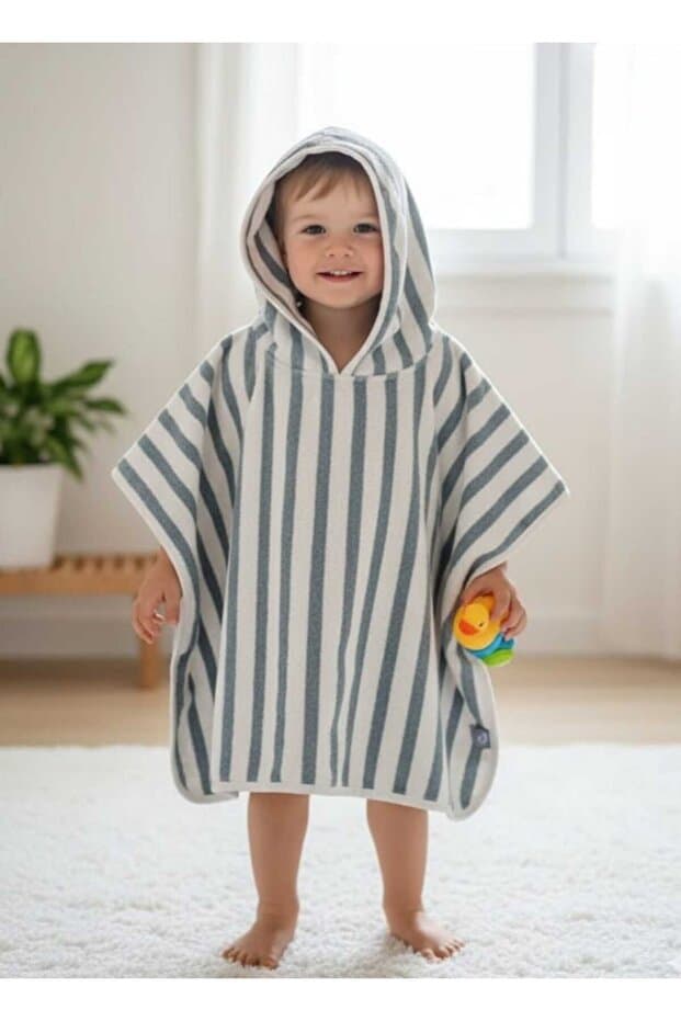 GÜRPAMUK HOME & BABY OUTLET İHRACAT %100 pamuk Kız-Erkek Çocuk Deniz, Plaj, Havuz, Banyo Havlu Panço ÇİZGİLİ/TURKUAZ