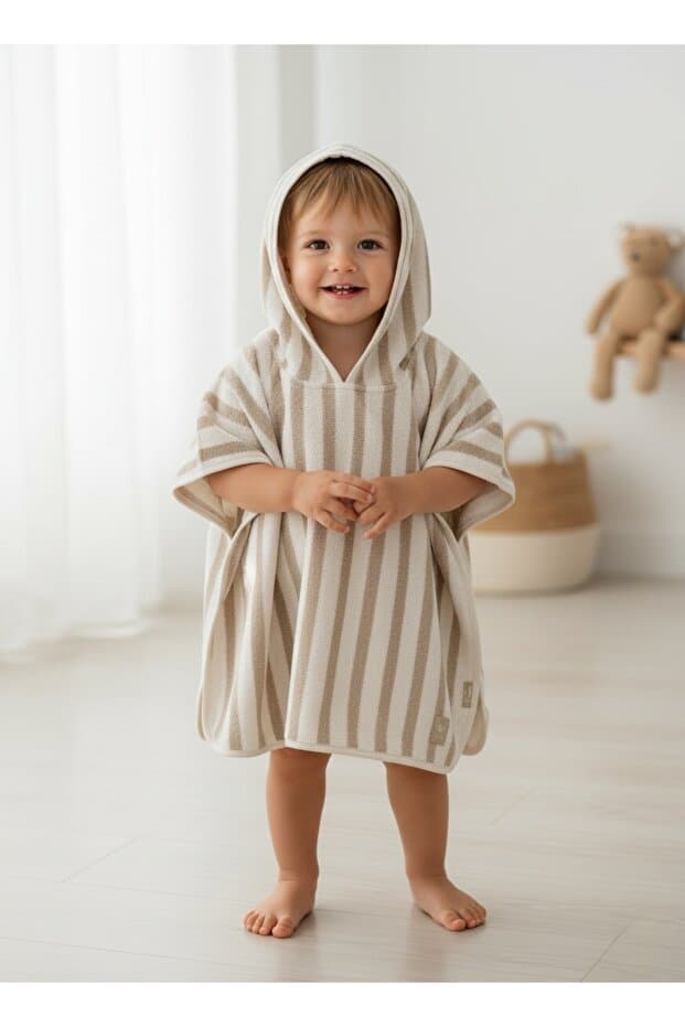 GÜRPAMUK HOME & BABY OUTLET İHRACAT %100 pamuk Kız-Erkek Çocuk Deniz, Plaj, Havuz, Banyo Havlu Panço ÇİZGİLİ/HAKİ