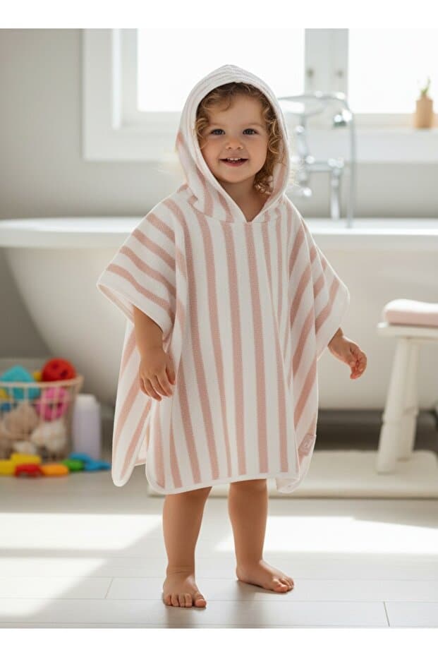 GÜRPAMUK HOME & BABY OUTLET İHRACAT %100 pamuk Kız-Erkek Çocuk Deniz, Plaj, Havuz, Banyo Havlu Panço ÇİZGİLİ/PEMBE