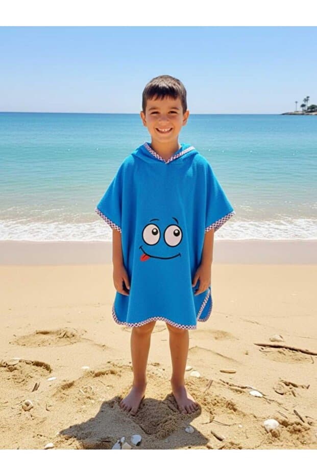 PAMUK HANIM Pamuklu yumuşacık Havlu Kız-erkek Çocuk Deniz Plaj, Havuz, banyo Kapüşonlu Panço MAVİ/GÖZ