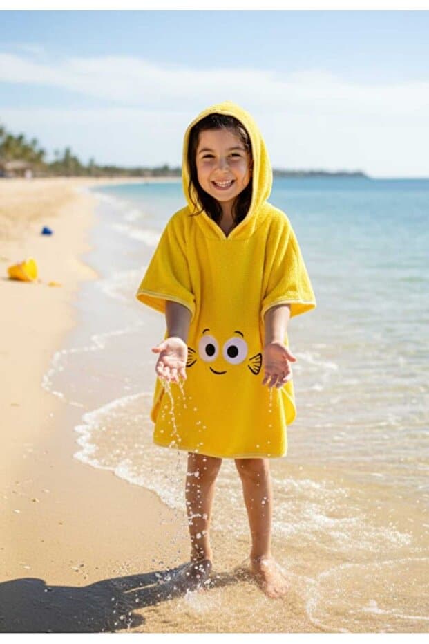 PAMUK HANIM Pamuklu yumuşacık Havlu Kız-erkek Çocuk Deniz Plaj, Havuz, banyo Kapşonlu Panço SARI /GÖZ