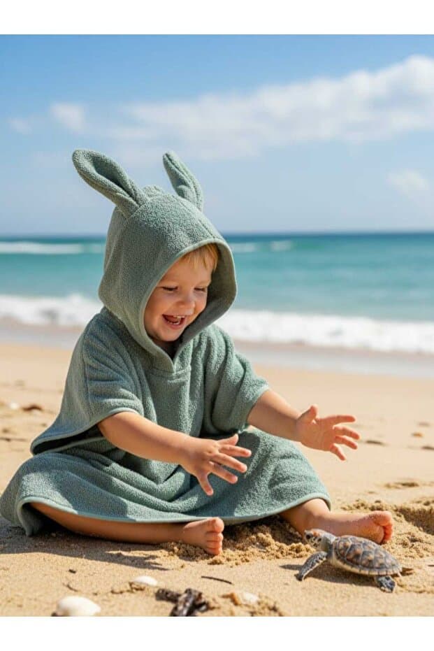 OUTLET İHRACAT %100pamuk Kız-Erkek Çocuk Deniz, Plaj, Havuz, Banyo Havlu Panço KULAKLI TAVŞAN/YEŞİL