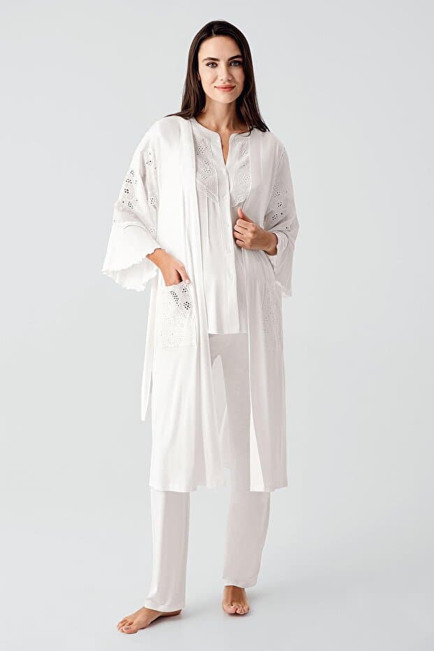 Artış Kısa Kollu Düğmeli Vual Detaylı Esnek Viskoz Hamile Sabahlık Pijama Takım