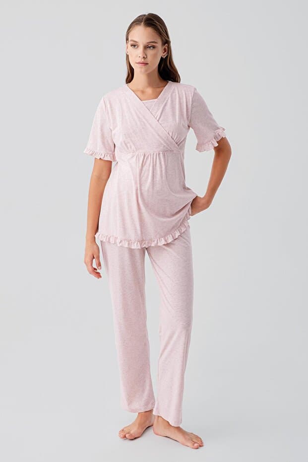 Kısa Kollu Emzirme Bölmeli Ayarlanabilir Bel Pamuklu Hamile Pijama Takım