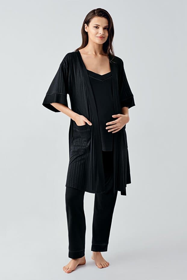 Askılı Esnek Viskoz Hamile Sabahlık Pijama Takım