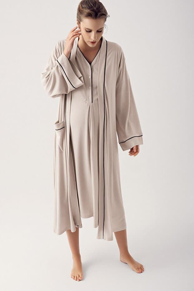 Artış Düğmeli Kısa Kollu Esnek Viskoz Hamile Gecelik Sabahlık Takım 14406