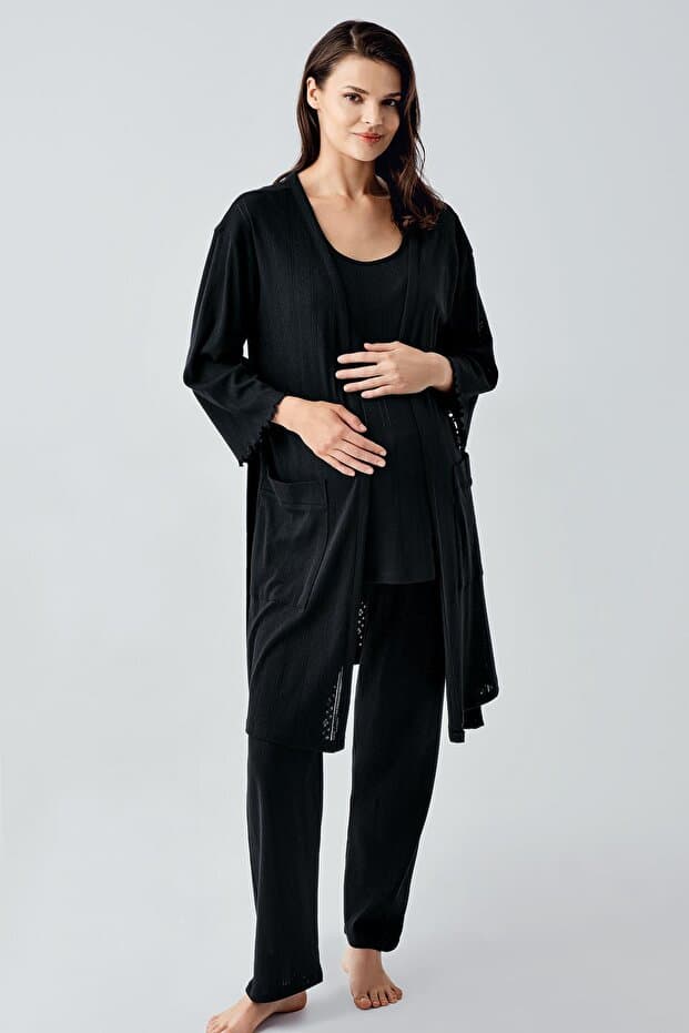 Kalın Askılı Ajurlu Esnek Pamuklu Hamile Sabahlık Pijama Takım