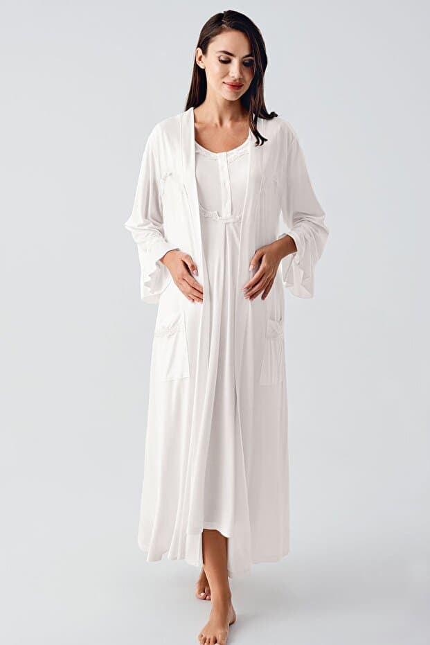 Ekru Viskoz Lohusa Sabahlık Gecelik Takım - 12401