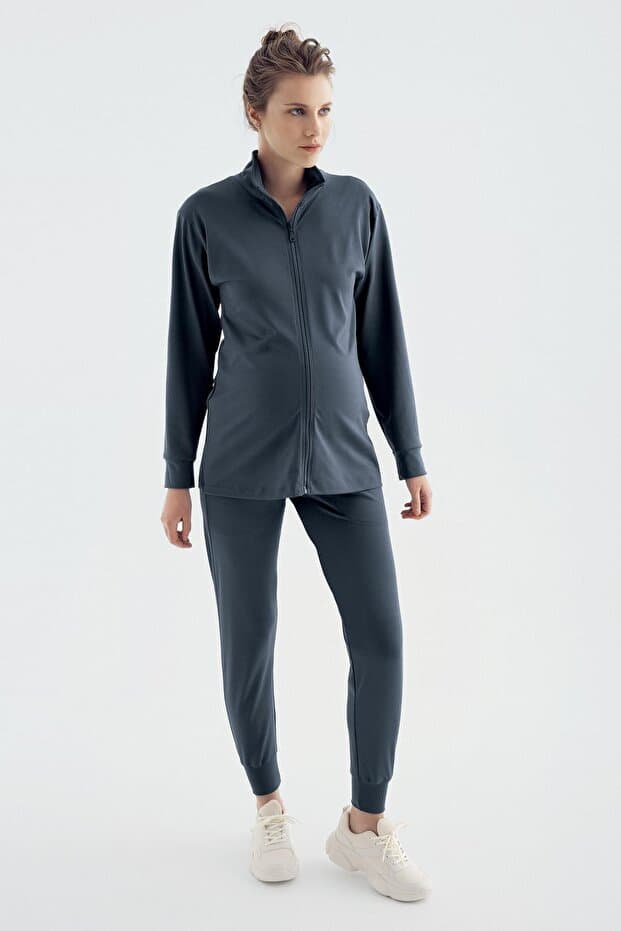 Uzun Kollu Fermuarlı Jogger Esnek Hamile Eşofman Takımı