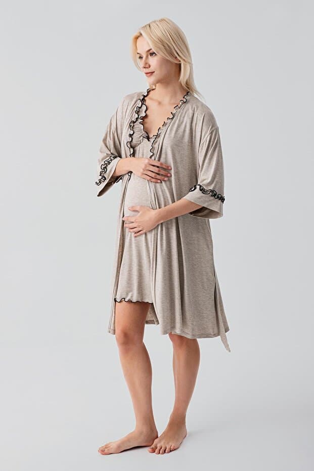 Askılı Kısa Esnek Viskoz Hamile Sabahlık Gecelik Takım