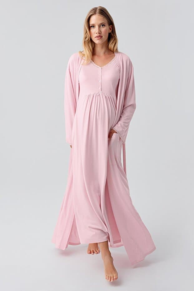 Uzun Kollu Düğmeli Esnek Viskoz Hamile Sabahlık Gecelik Takım