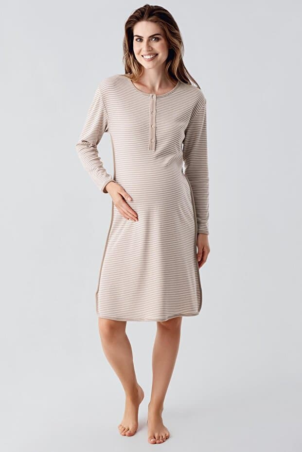 Uzun Kollu Düğmeli Esnek Şardonlu Viskoz Hamile Gecelik