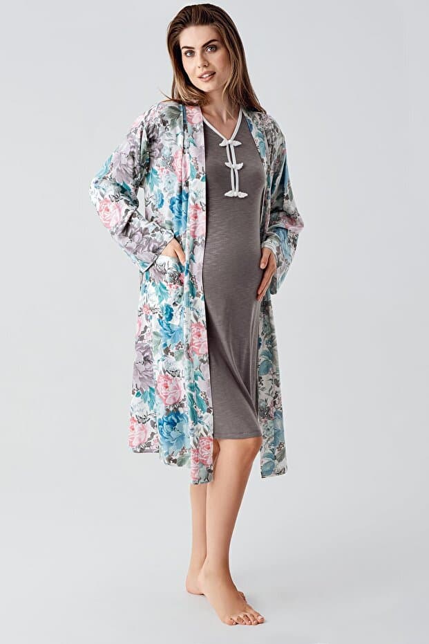 Uzun Kollu Desenli Viskon Hamile Sabahlık Gecelik Takım