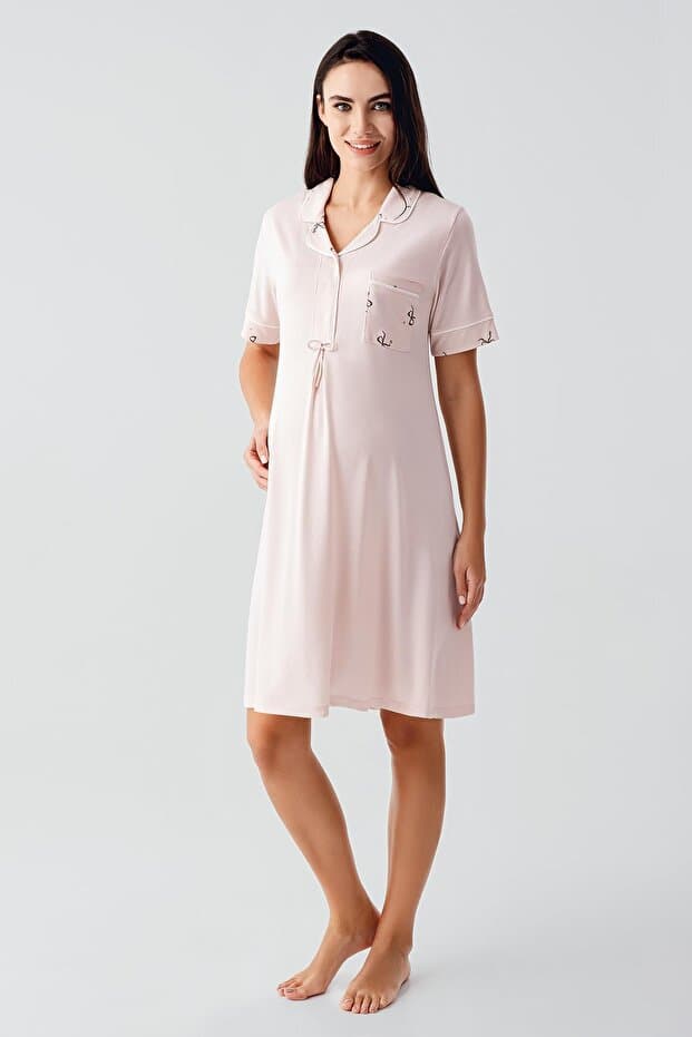 Kısa Kollu Fiyonk Desenli Düğmeli Kısa Esnek Viskoz Hamile Gecelik