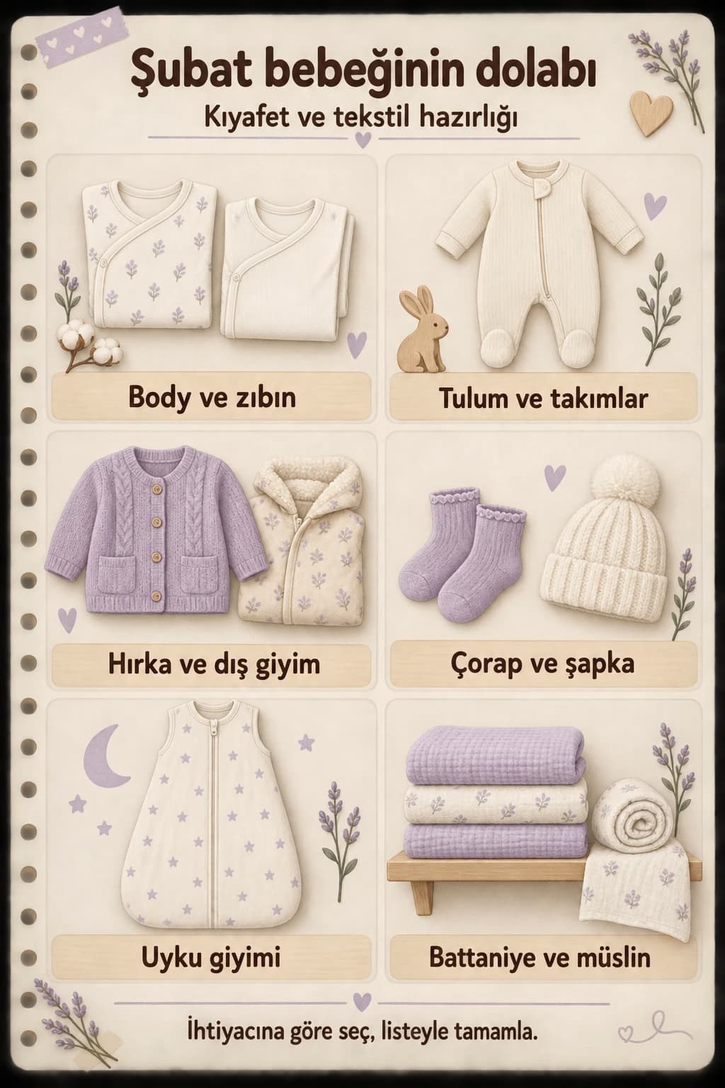 Şubat bebeği için kıyafet ve tekstil gruplarını gösteren illüstrasyon.