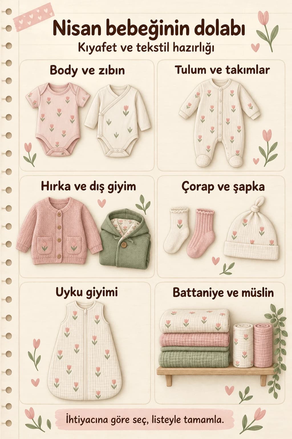 Nisan bebeği için kıyafet ve tekstil gruplarını gösteren illüstrasyon.