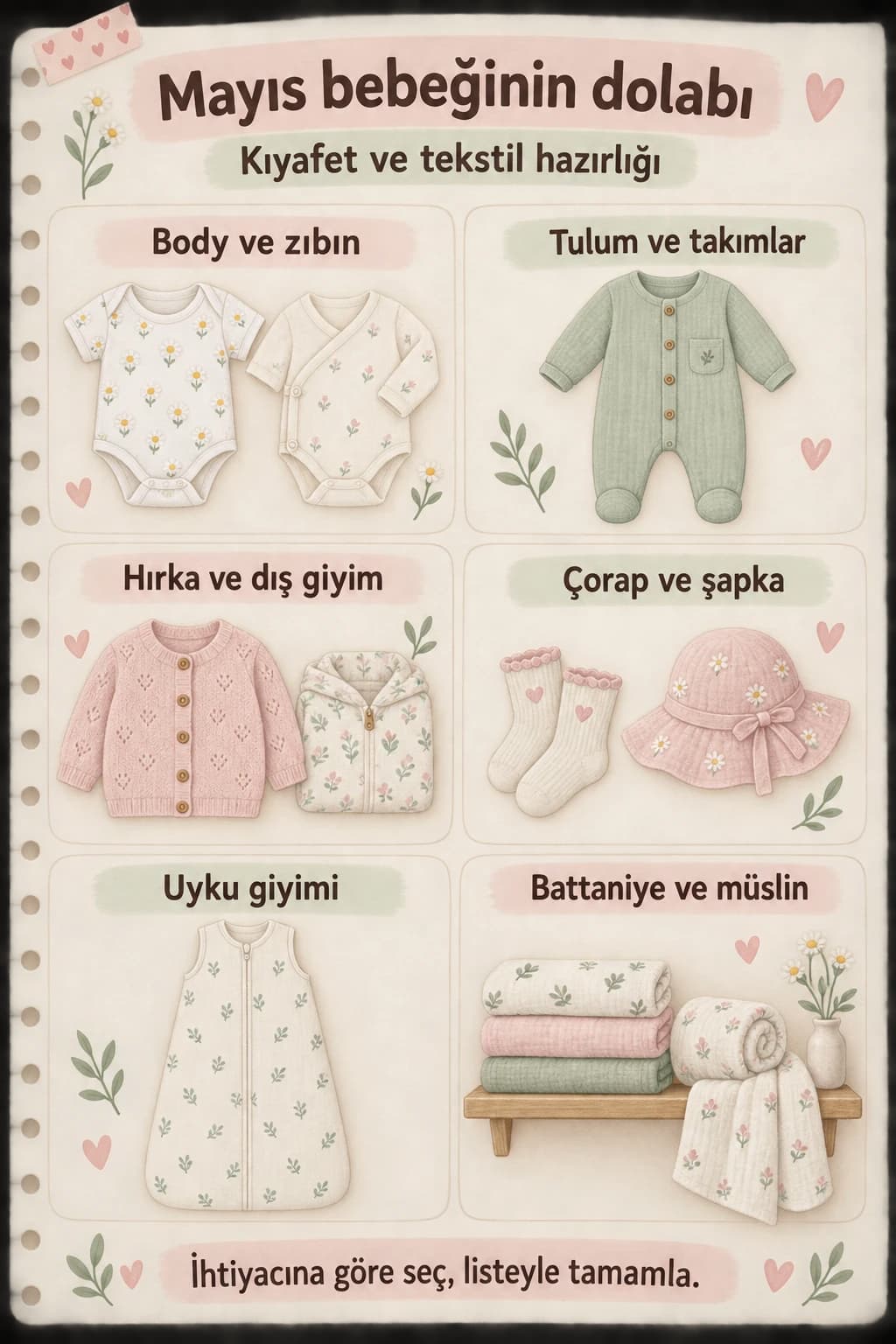 Mayıs bebeği için kıyafet ve tekstil gruplarını gösteren illüstrasyon.