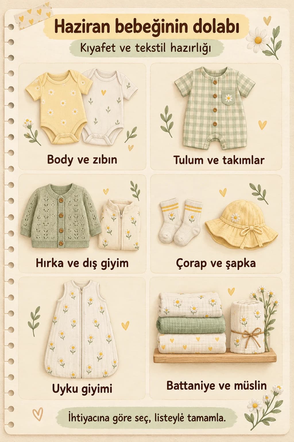 Haziran bebeği için kıyafet ve tekstil gruplarını gösteren illüstrasyon.