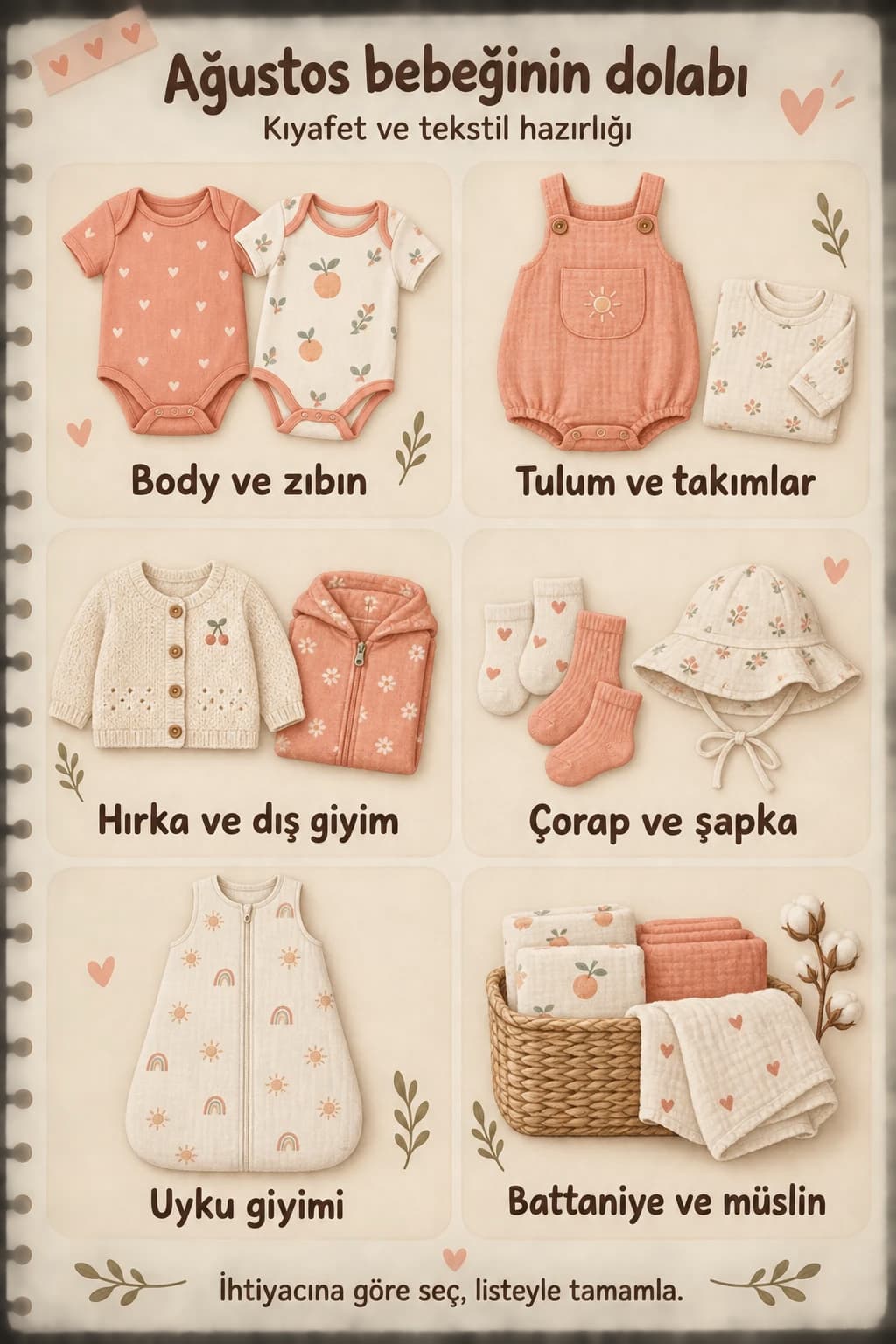 Ağustos bebeği için kıyafet ve tekstil gruplarını gösteren illüstrasyon.