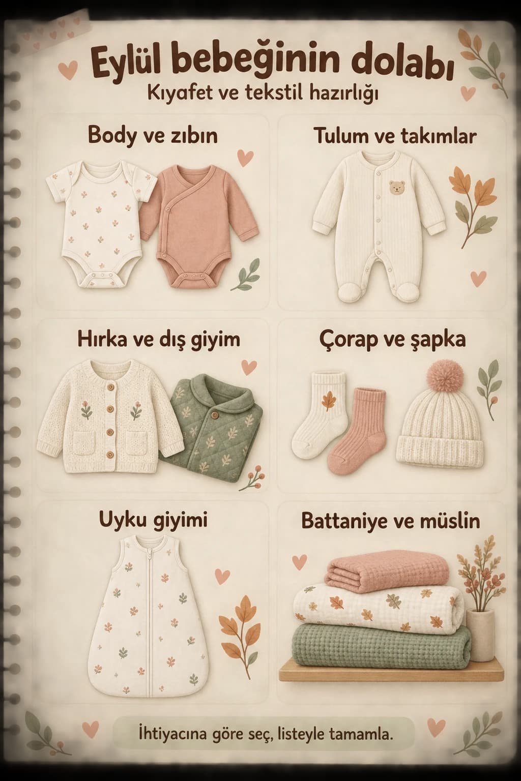 Eylül bebeği için kıyafet ve tekstil gruplarını gösteren illüstrasyon.