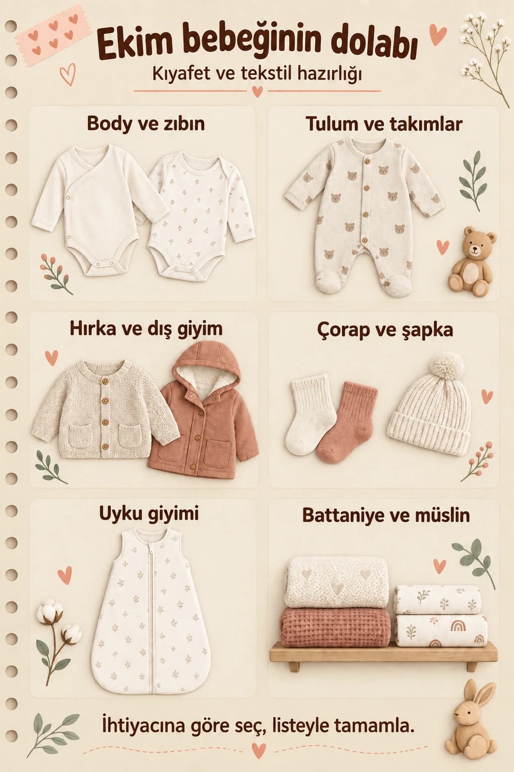 Ekim bebeği için kıyafet ve tekstil gruplarını gösteren illüstrasyon.