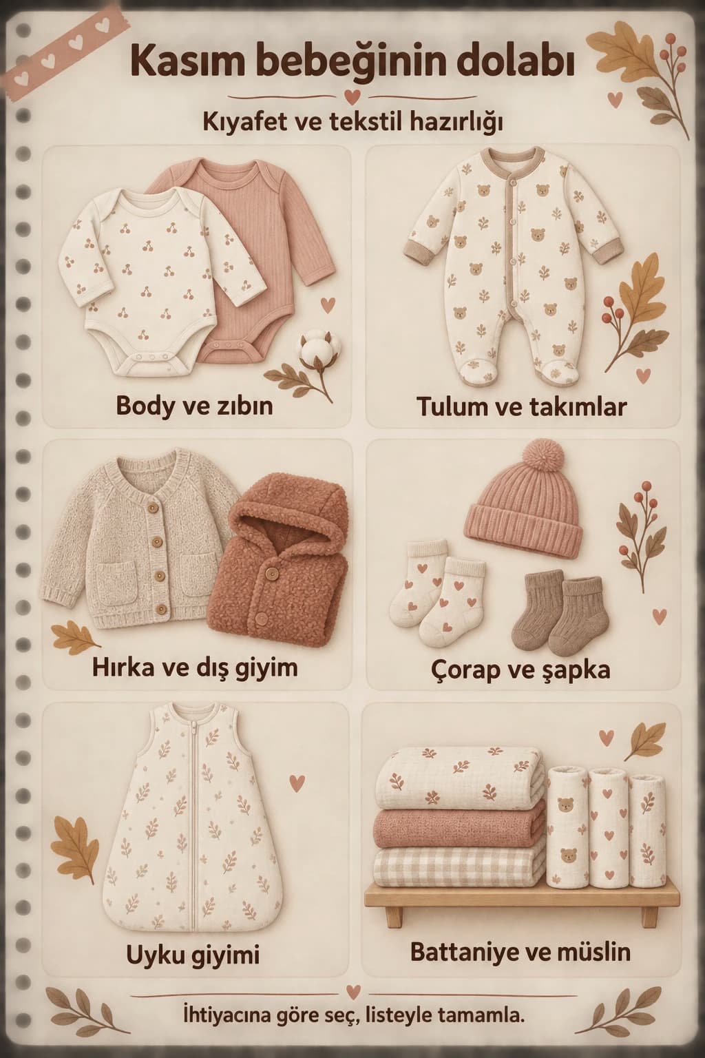 Kasım bebeği için kıyafet ve tekstil gruplarını gösteren illüstrasyon.