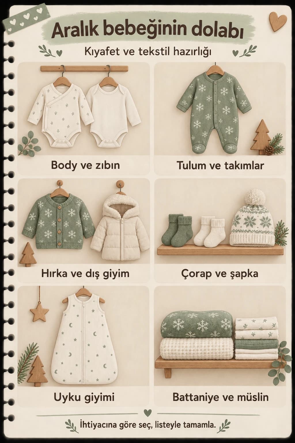 Aralık bebeği için kıyafet ve tekstil gruplarını gösteren illüstrasyon.