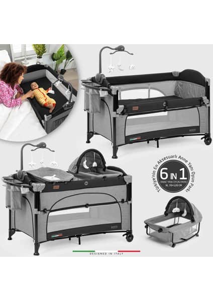 Elele Bonte 2 6in1 Lüks Anne Yanı Oyun Parkı Park Yatak XL 70x120 cm Gri-Siyah ürün görseli