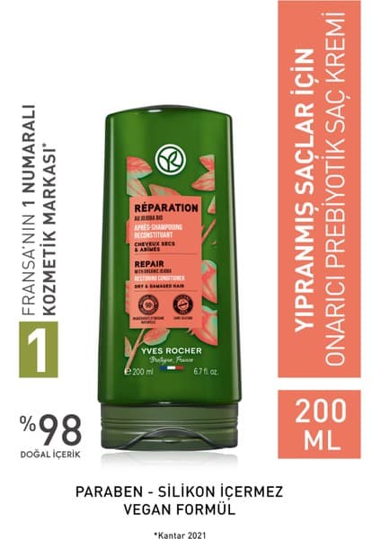 Yves Rocher Onarıcı Prebiyotik Saç Kremi - Yıpranmış Saçlar / Reparation - Vegan -200ml