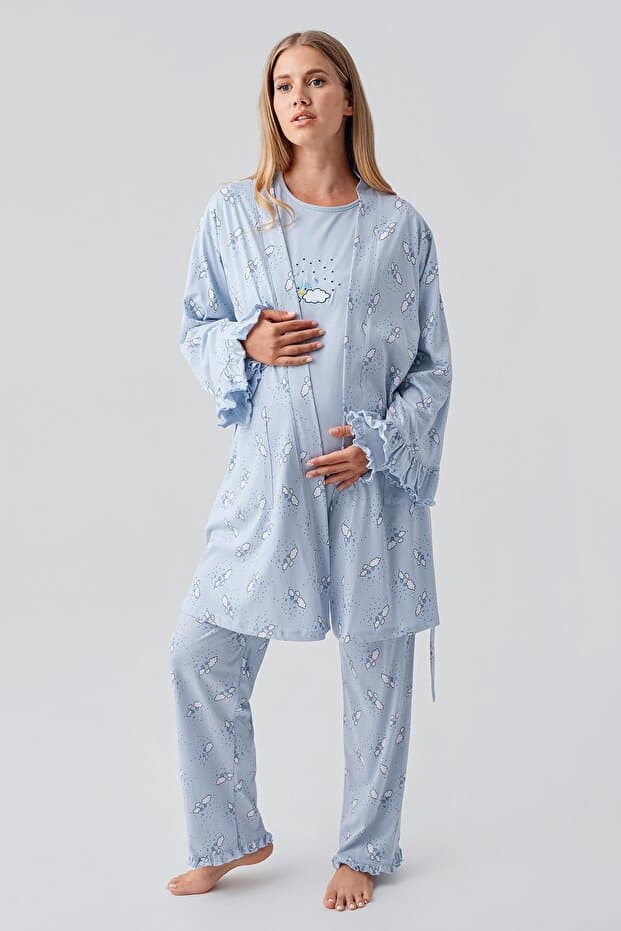 Uzun Kollu Desenli Esnek Pamuklu Hamile Sabahlık Pijama Takım