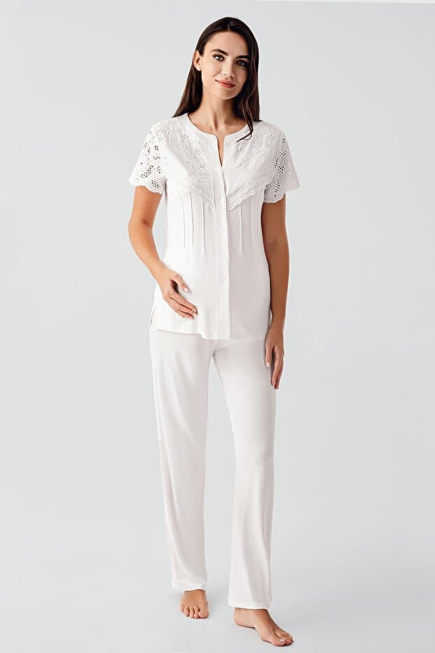 Vual Detaylı Düğmeli Kısa Kollu Esnek Viskoz Hamile Pijama Takım