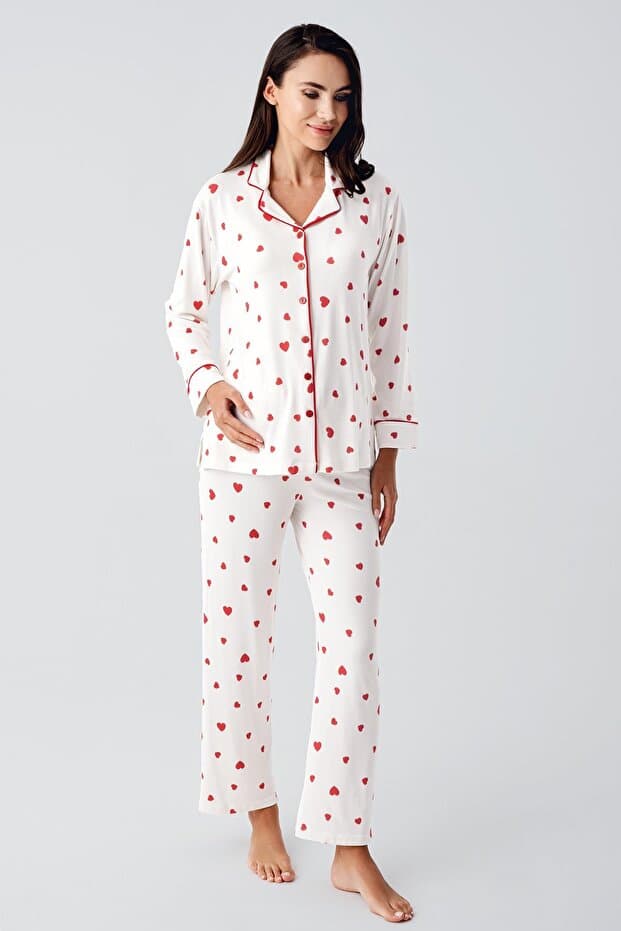 Termal Uzun Kollu Düğmeli Kalp Desenli Esnek Yumuşak Dokulu Hamile Pijama Takım