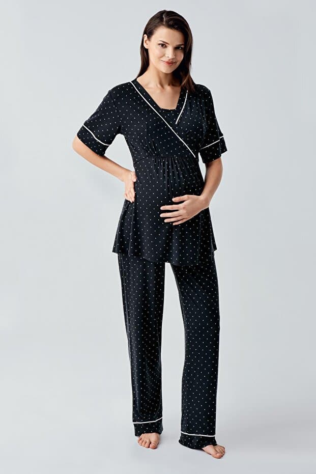 Artış Puantiyeli Kısa Kollu Likralı Viskoz Hamile Pijama Takımı 14206
