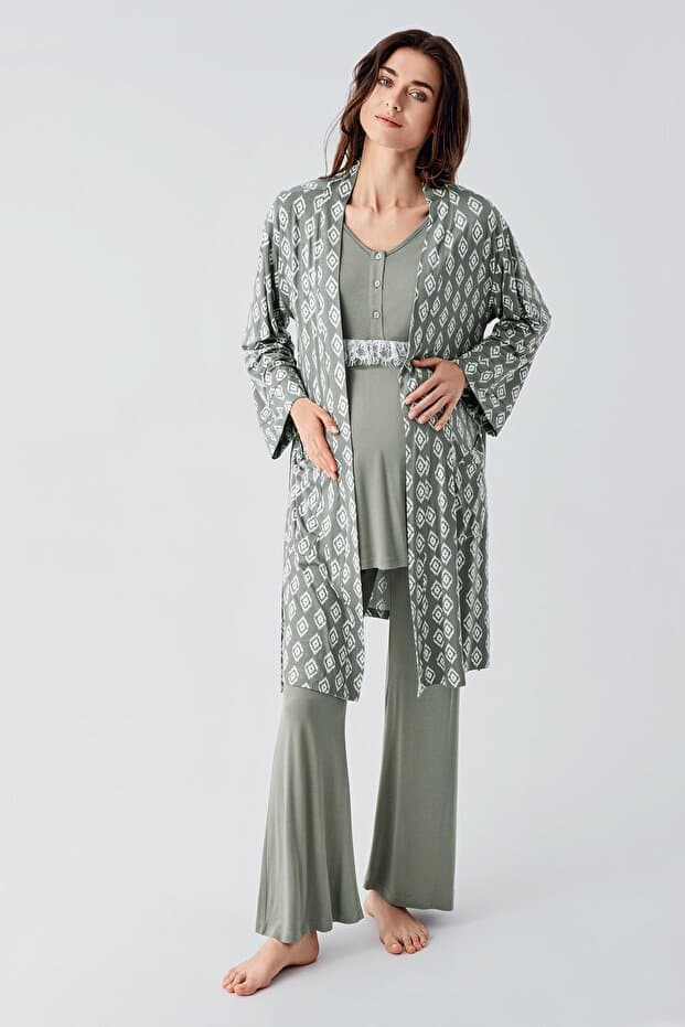 Uzun Kollu Dantelli Desenli Düğmeli İspanyol Paça Esnek Viskoz Hamile Sabahlık Pijama Takım