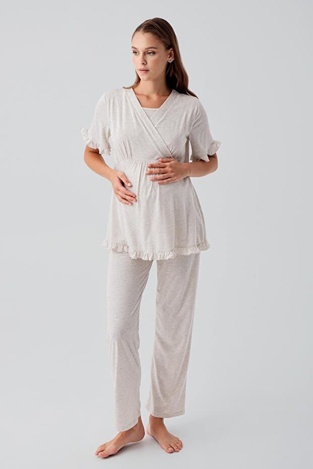 Artış Kısa Kollu Emzirme Bölmeli Ayarlanabilir Bel Pamuklu Hamile Pijama Takım