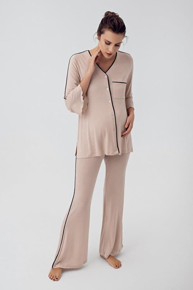 Truvakar Kol Düğmeli Kısa Esnek Viskoz Hamile Pijama Takımı