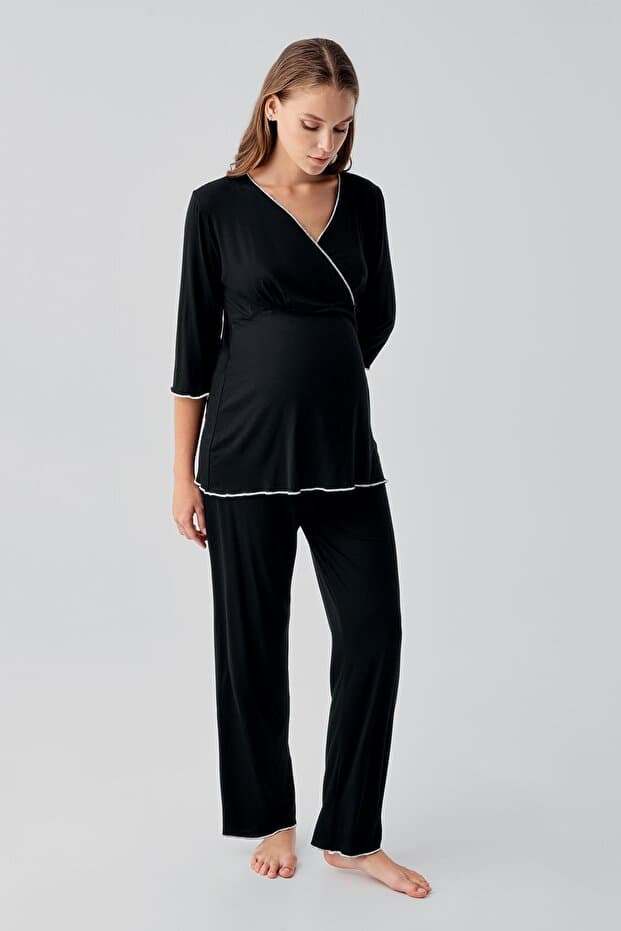 Uzun Kollu Likralı Esnek Viskoz Soft Hamile Pijama Takım