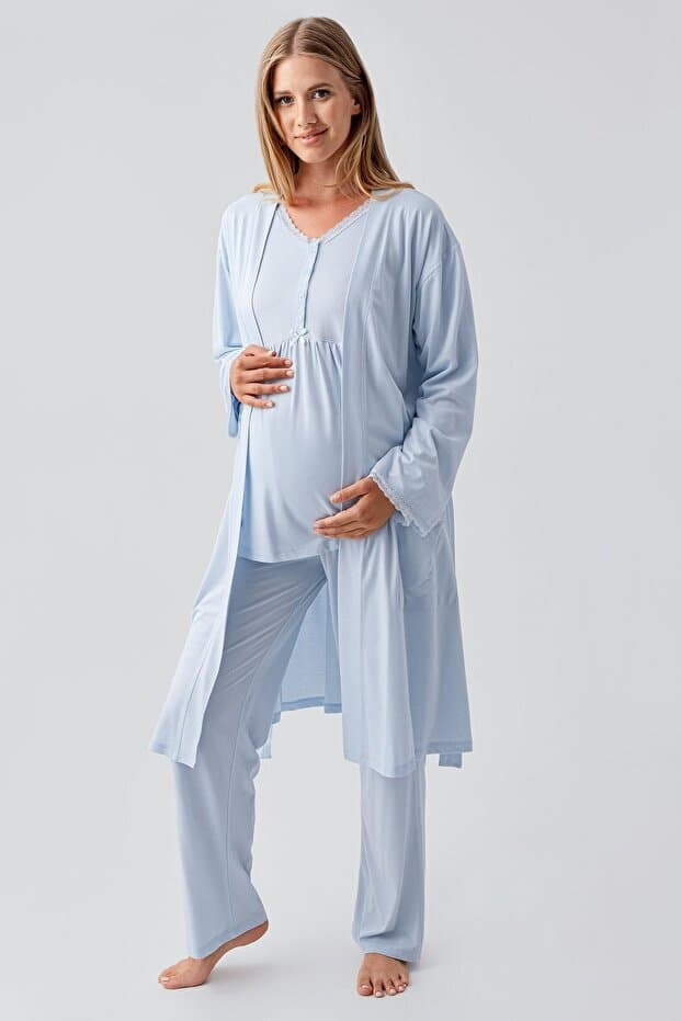 Artış Uzun Kollu Düğmeli Esnek Viskoz Hamile Sabahlık Pijama Takım