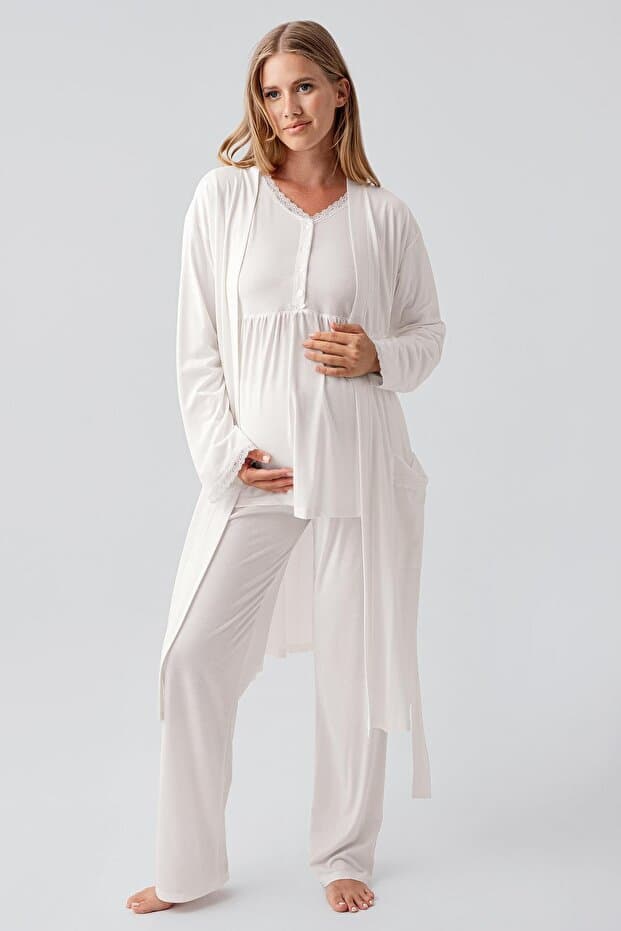 Uzun Kollu Düğmeli Esnek Viskoz Hamile Sabahlık Pijama Takım